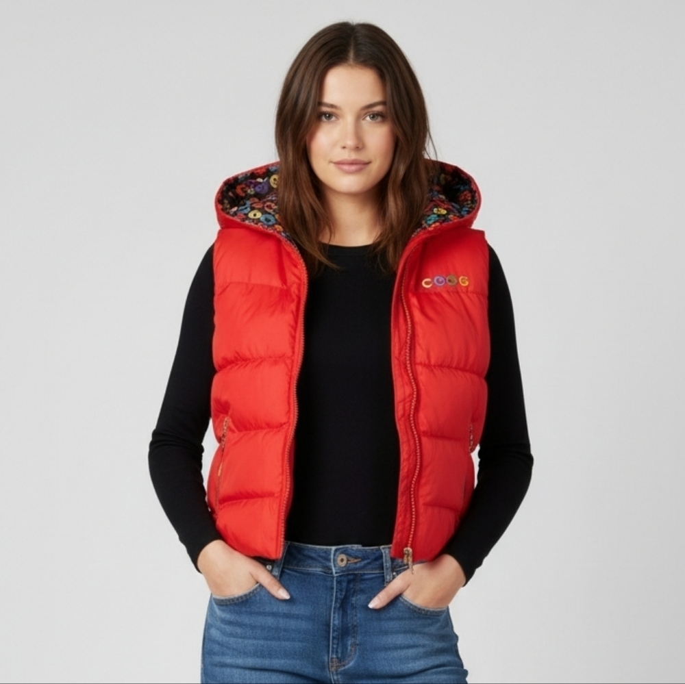 COOGI Australia Red Hooded Puffer Vest Colorful Logo Print Size S
